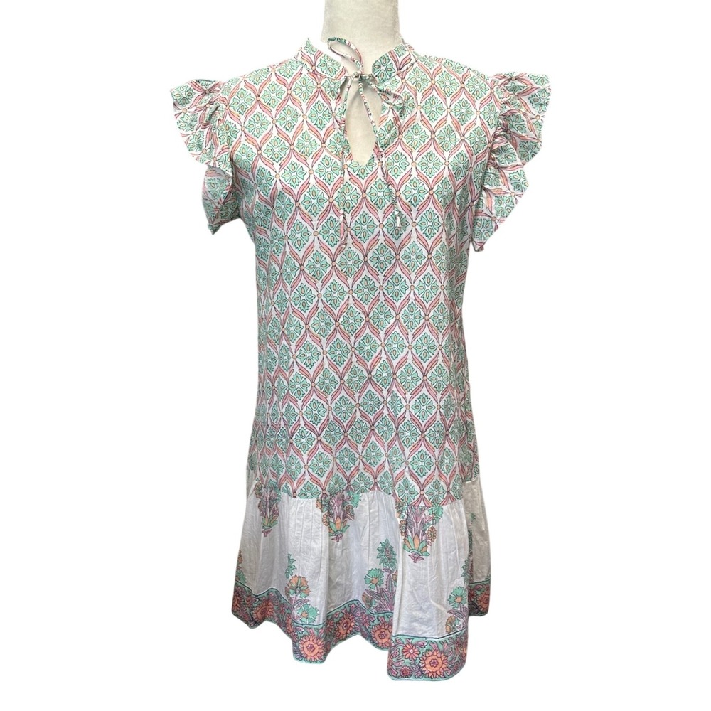 Victoria Dunn Womens Mini Shift Dress Sz M Floral Geometric Ruffle Tie Neck Boho